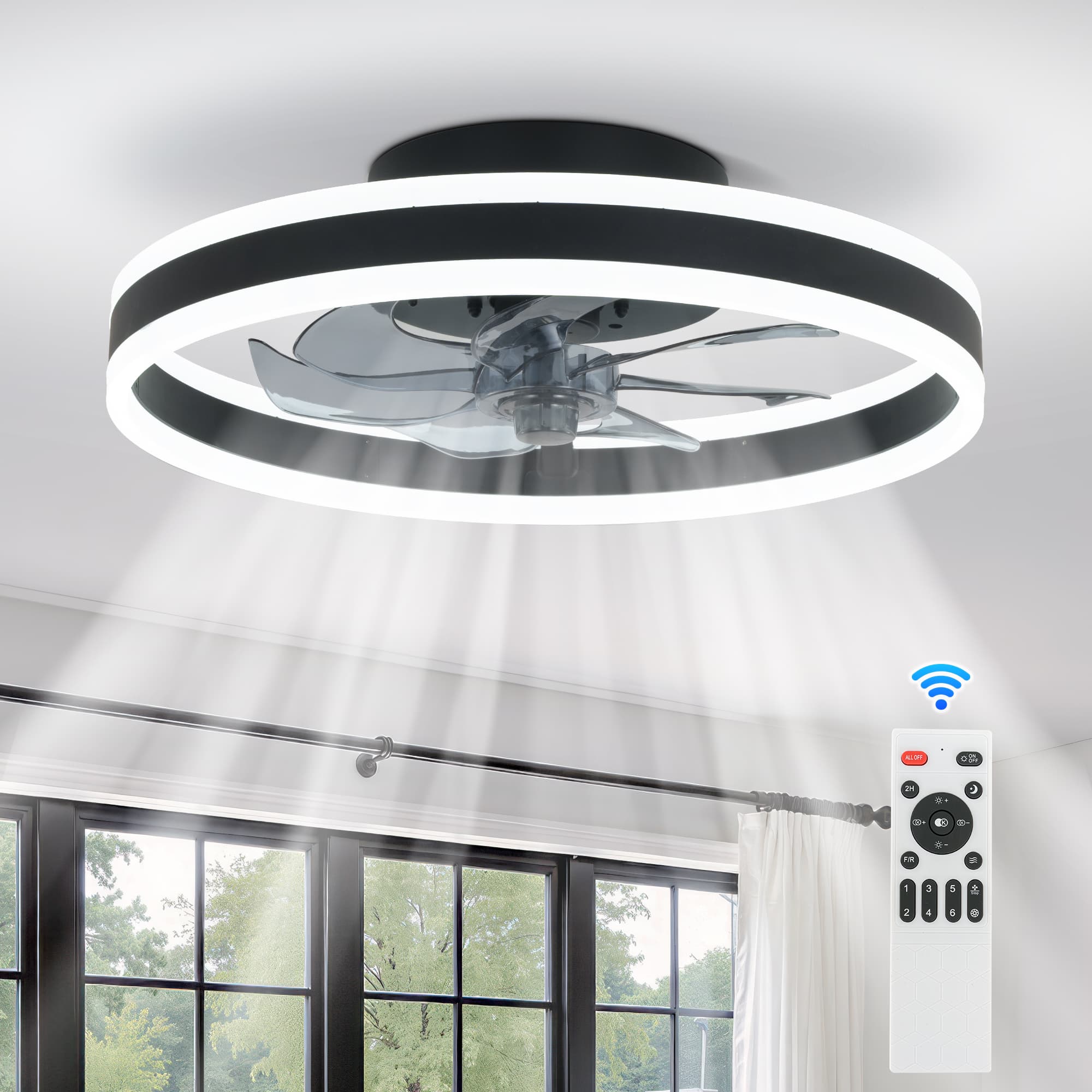 Ultra-Thin Ring Ceiling Fan Light - 18.9 inch, 6-Speed Silent Fan, 3CCT Dimmable LED, Remote Control